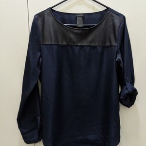 Ann Taylor blouse, navy blue/faux leather panel